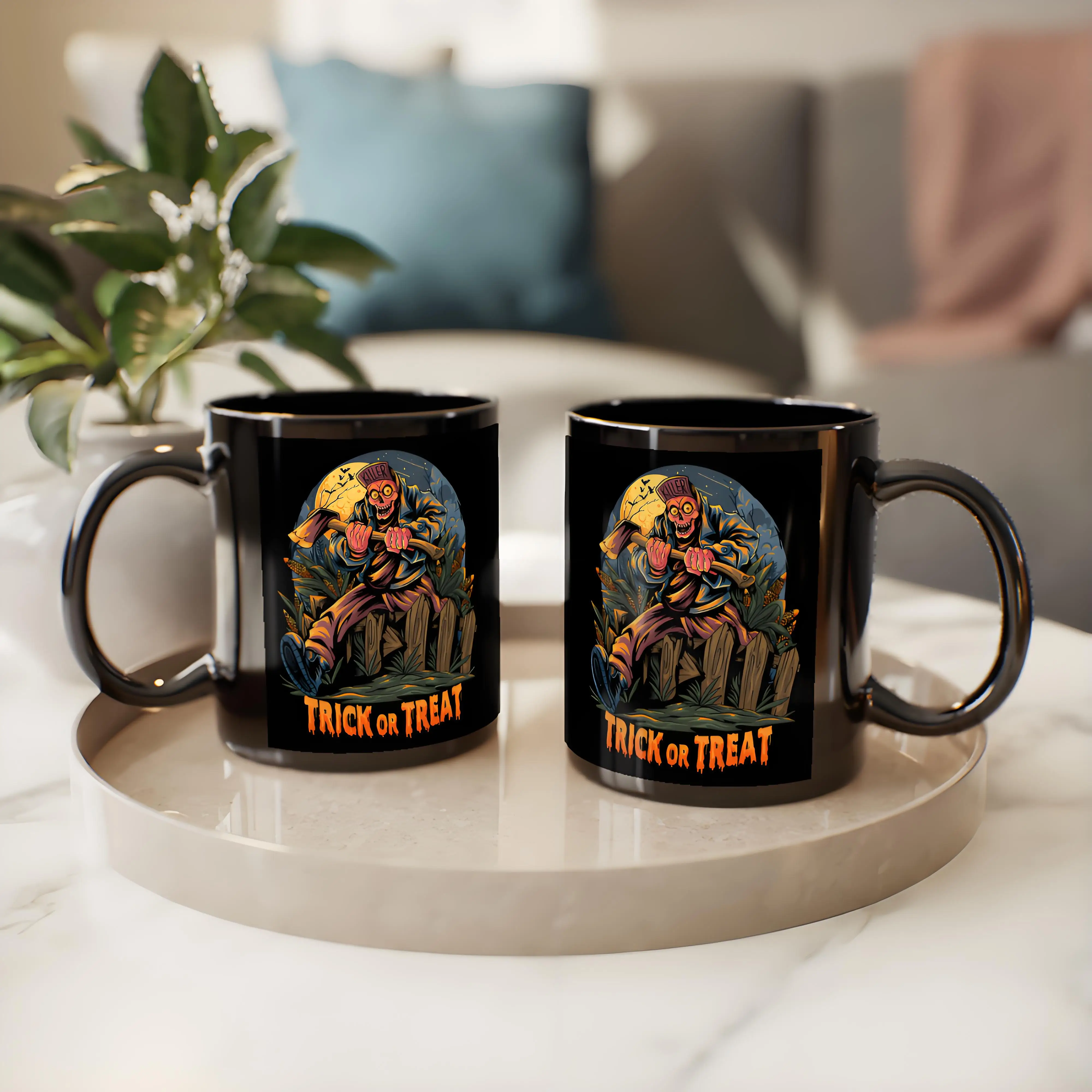 

Coffee mug, quirky printed pattern, Halloween gift, 11 ounces, reusable, black