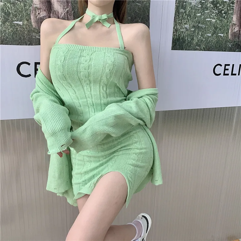 

Korean Fashion Womans Clothes for 2024 Spring New Knitted Suspender Dress Sexy Spicy Girl Mini Dress Y2k Bodycon Dresses