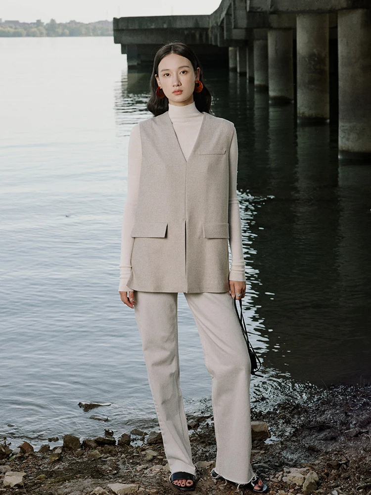 

wei High-End Camere Woolen Vest Svel V-Ne Overlap Sle Commute Wind Straight Body Wide ape Coat Sle Jaet