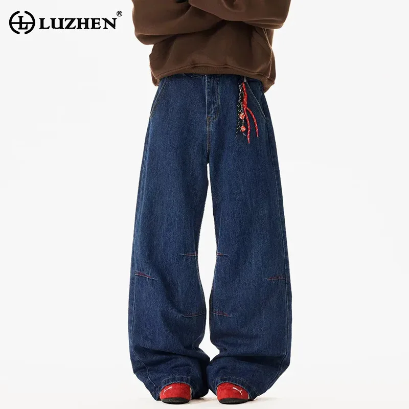 

LUZHEN модные повседневные джинсы со складками и вышивкой, мужские повседневные джинсы, новинка 2025, оригинальные уличные свободные джинсовые брюки высокого качества JY3751