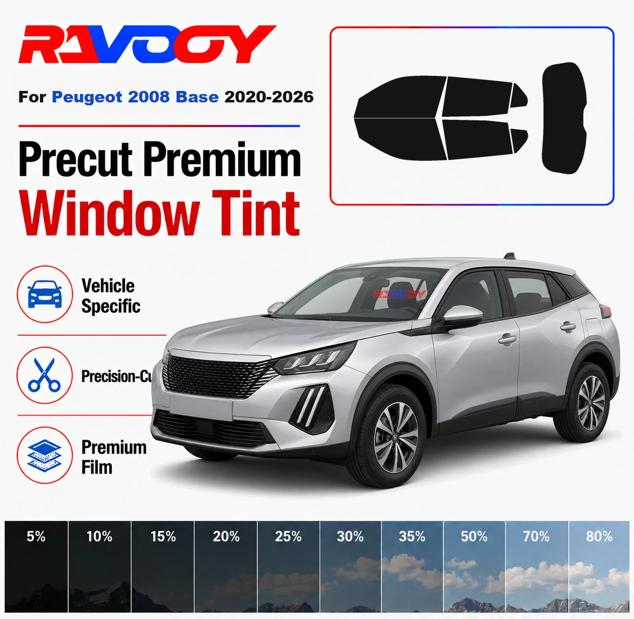 

Premium Precut Window Tint Kit Front Rear Windows Rear Windshield For Peugeot 2008 Base 2020-2026 Complete Set Nano Ceramic Film