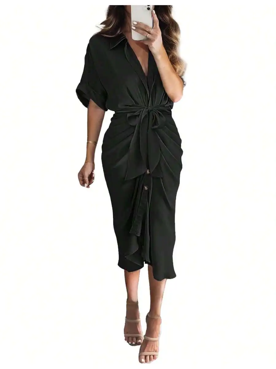 

Women Button Down Ruched Shirt Dress Short Sleeve V Neck Knee Length