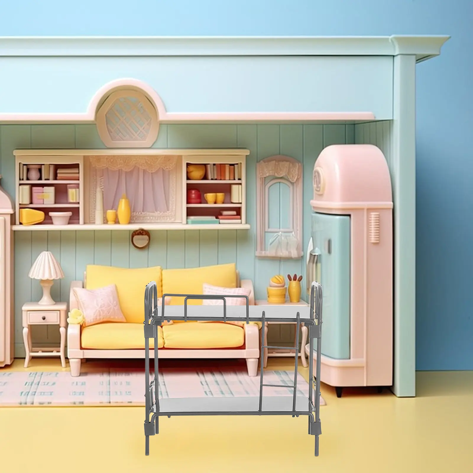 Miniature Bunk Bed Dollhouse Accessories Silver Space Saving Stackable Metal Miniature Bedroom Furniture Set Dollhouse Bed