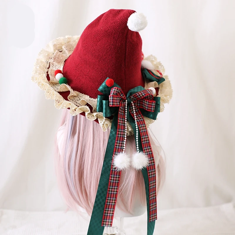 Sombrero de bruja de Navidad Original japonés Lolita, lazo de encaje, sombrero de cuento de hadas para mujer, accesorios de disfraces de fiesta, tocado con lazo