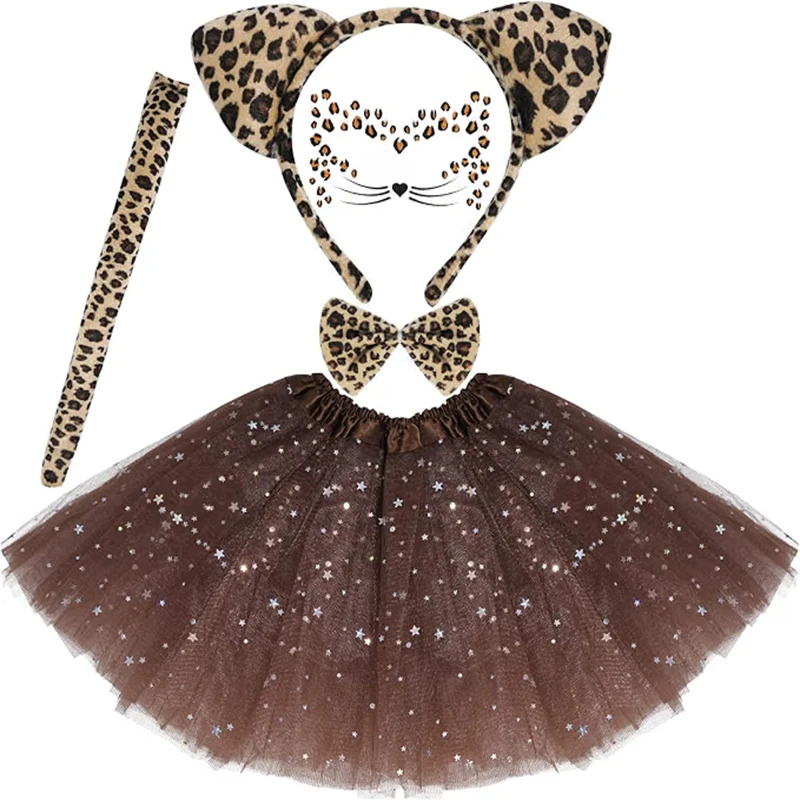Cat Costume for Girls Kids Cat Ears Headband Tail Bowtie Tutu and Face Stickers for Halloween Dress Up Party