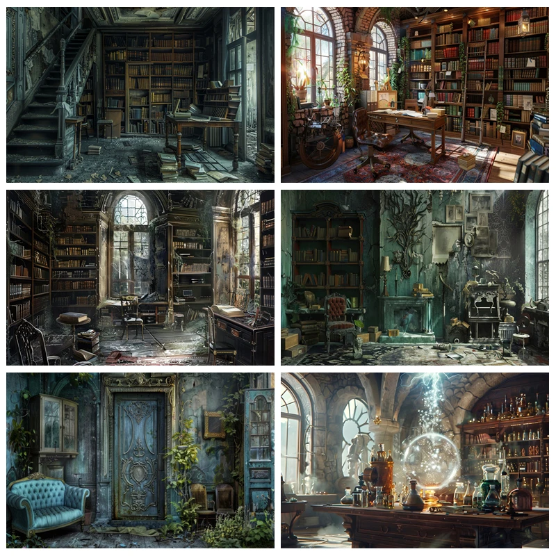 

Disused Library Vintage Lab Ruins Photography Background Broken Room Magic Halloween Party Horror Theme Banner Photo Studio Prop