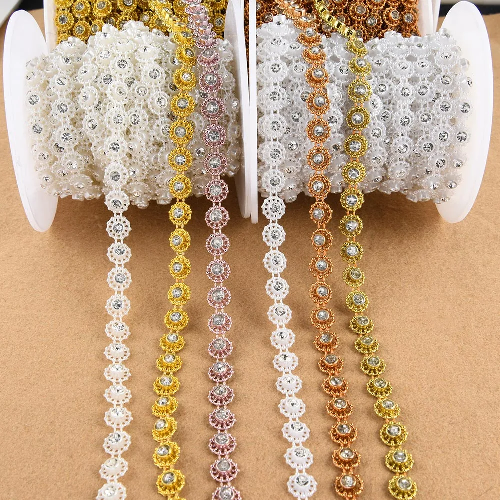 1Yard 10mm Width ABS Flatback Imitation Pearl with 5mm Round Rhinestone Chain Sewing Trim Lace Wedding Clothes Cake Decoration