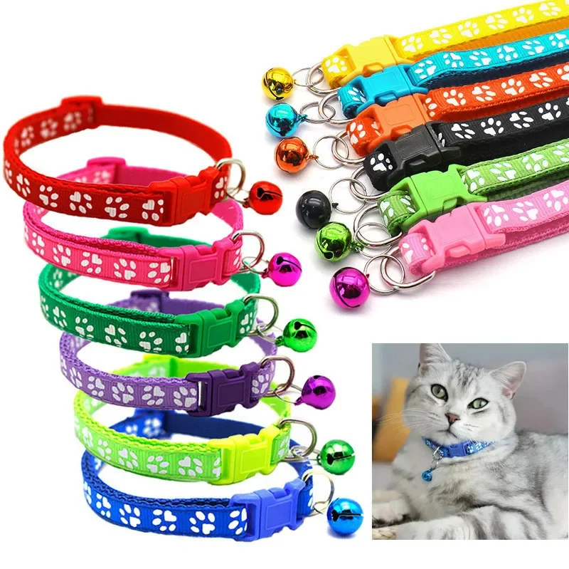 Multi-color Adjustable Cat Pet Collar Cute Paw Print Cat Collar with Bell Buckle for Small Puppy Kitten Cat Supplies Accessories