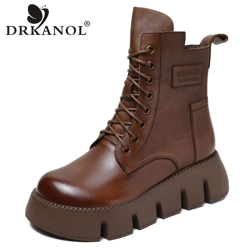 

DRKANOL Women Boots 2023 Handmade Retro 100% Genuine Leather Chunky Platform Ankle Boots For Women Wedges Heel Winter Warm Shoes