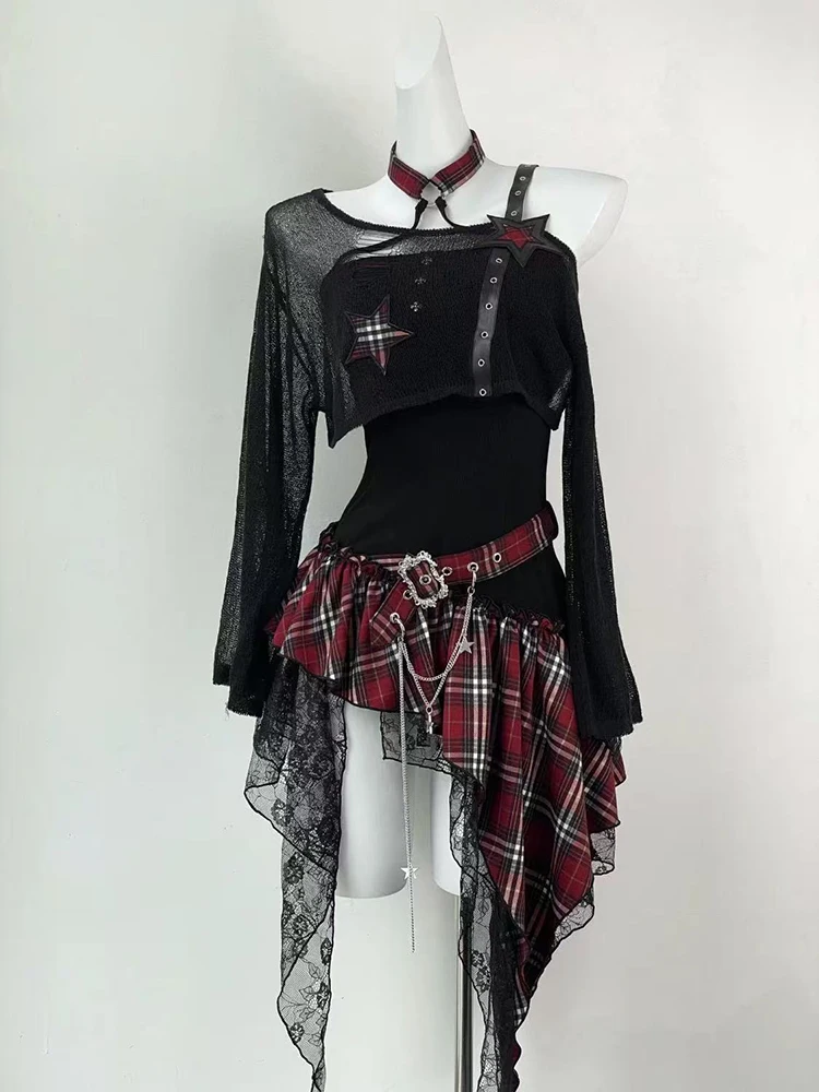 

Готический клетчатый костюм-платье с элементами пэчворка для женщин, в стиле Y2K, японский стритвир, субкультурный, асимметричный комплект-платье, сладкий лолита-стиль, без рукавов, комплект из 2 предметов