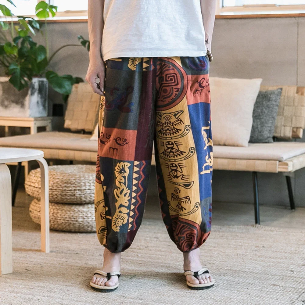 Fashion Men's Summer Beach Cotton Linen Pants Ethnic Printing Loose Fitting Wide-Leg Pants Bloomers Trousers Man Clothing