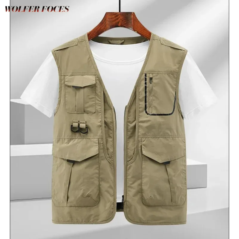 

Denim Sleeveless MAN Male Motorcyclist VEST Jacket Embroidered Work Windbreaker Multi-pocket Hunting Waterproof Summer Vests Zip