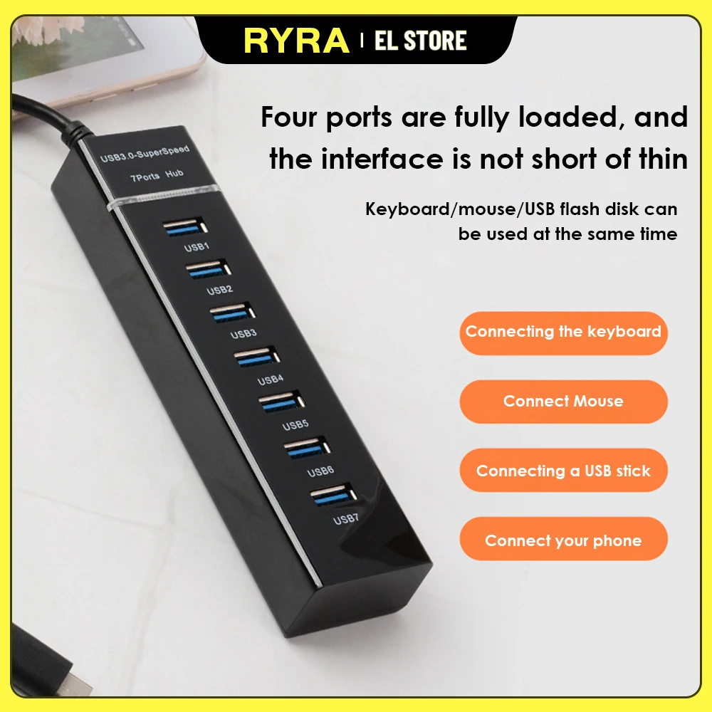 7-Port USB 3.0 Hub 5Gbps High Speed Multi-Function Splitter 120cm Long Cable USB Hub Adapter for Laptop PC Computer MacBook