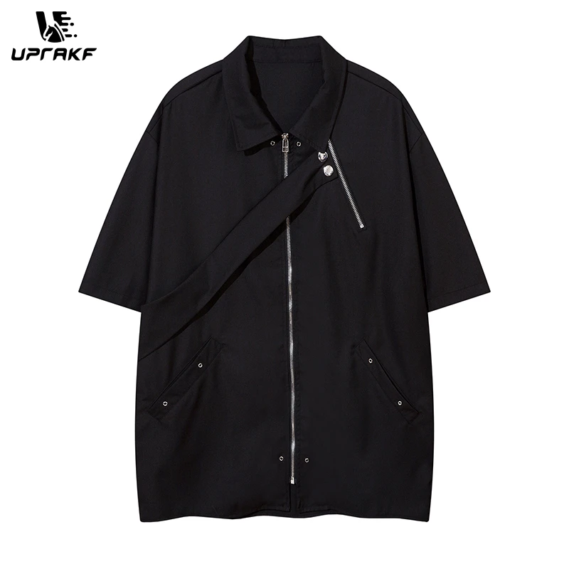 

UPRAKF Shirts Loose Zipper Tops Casual Summer Outwear Short Sleeve High Quality Black White Pocket