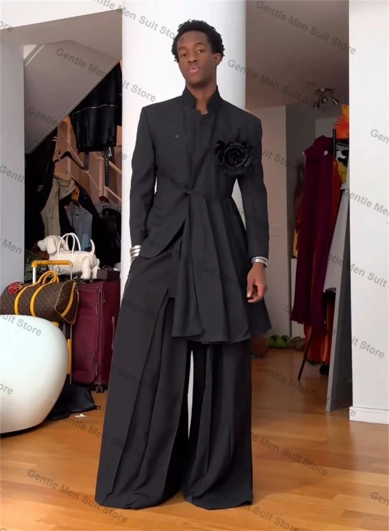 Black Men Suits Set 2 Piece Long Blazer+Pant 3D Flower Wedding Tuxedo Coat Customized Formal Office Cotton Jacket Trousers