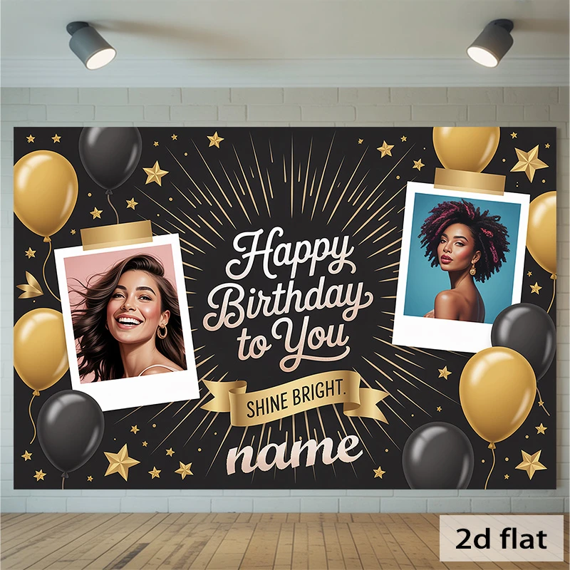 1pc Personalized Happy Birthday Photo Backdrop, Custom Shine Bright Birthday Banner Wall Hanging Decor