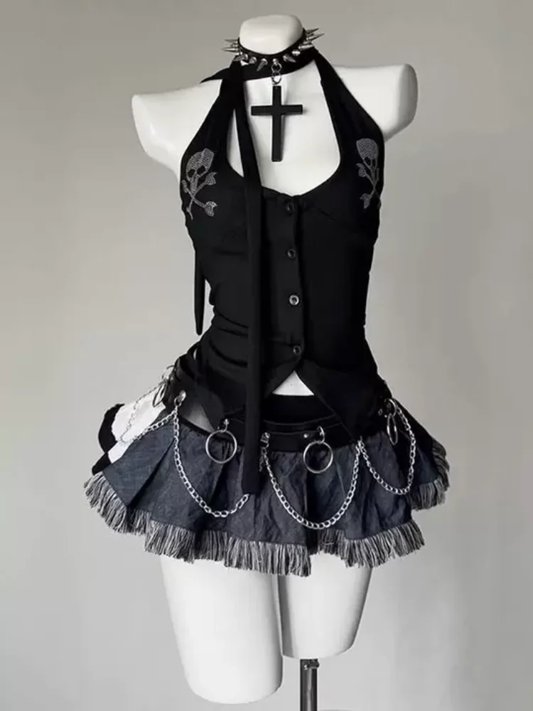 

Японская субкультура Y2K в стиле Харадзюку, черный череп, горячий бриллиант, женский жилет, летний тренд, ретро, пикантные топы для девочек, эмо