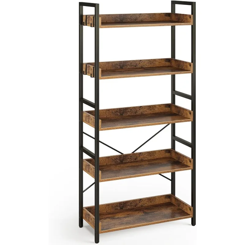 

Bookshelf 5 Tier with 4 Hooks, Industrial Wood Bookcase, Vintage Storage Rack with Open Shelves, Rustic Standing Bookshelves