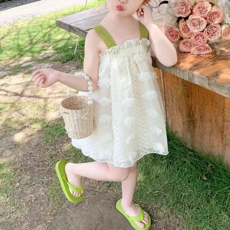 2024 Summer New Korean Girls Sling Bow Contrast Color Floral Fashion All-match Slim Sweet Casual Vacation Princess Dress