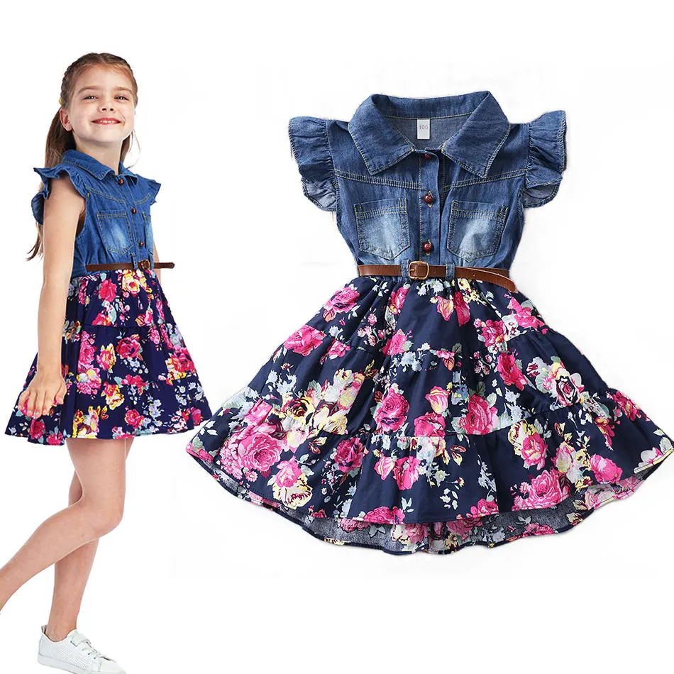 American and European Style Denim Floral Dress for Girls 2-16Yrs Youth Belted Casual Frock Kids Teenager Fashion Summer Gowns