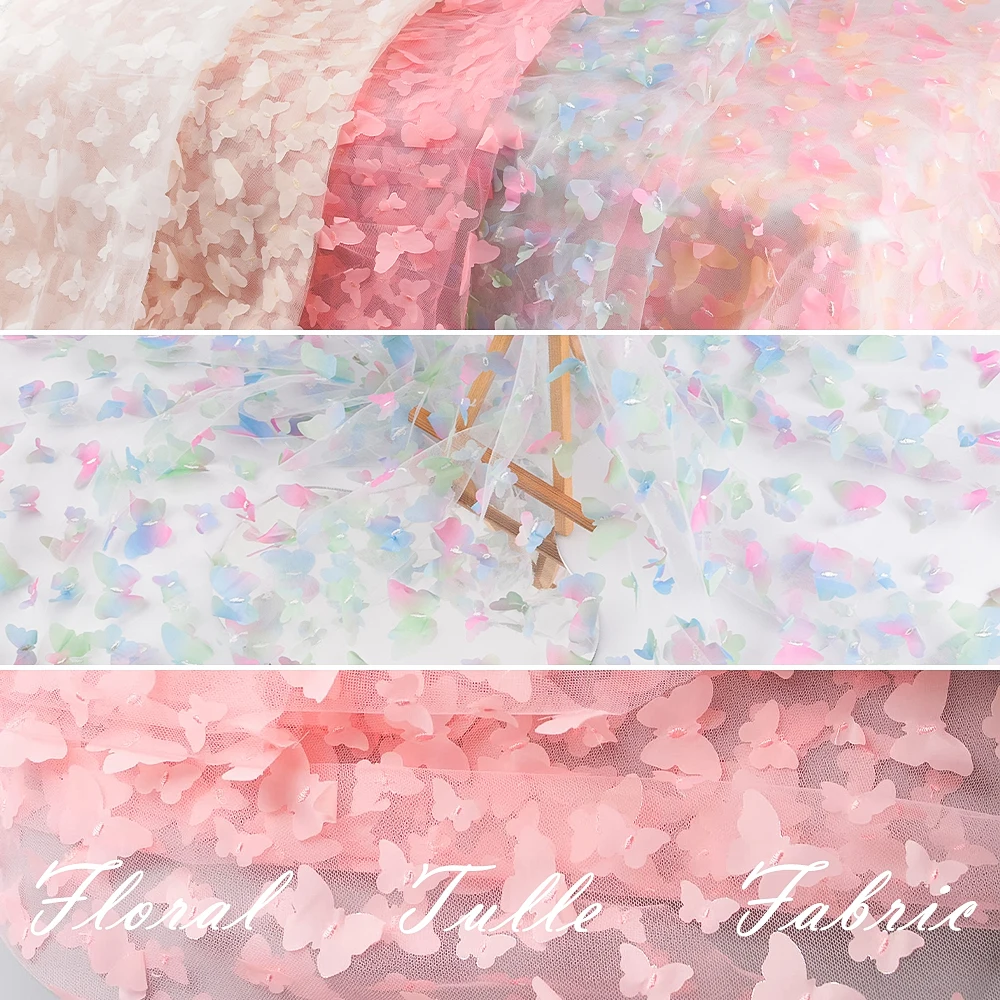 

1 Yard White & Blue 1.3m 3D Rainbow Butterfly Embroidered Tulle for Stage DIY