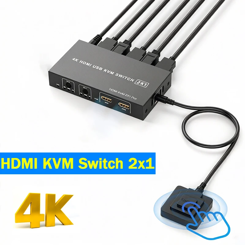 4K@60Hz HDMI KVM Switch 2x1 HDMI KVM USB Switcher Selector 2x1 with 3xUSB for PC Loptop Support Monitor Keyboard Mouse Printer