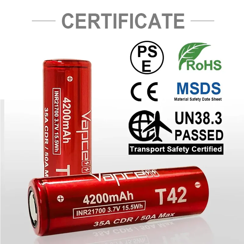 Original Vapcell T42 INR 21700 Battery 4200mAh 3.7V CDR 35A Max 50A High Discharge Current Battery Li-ion Rechargeable Battery