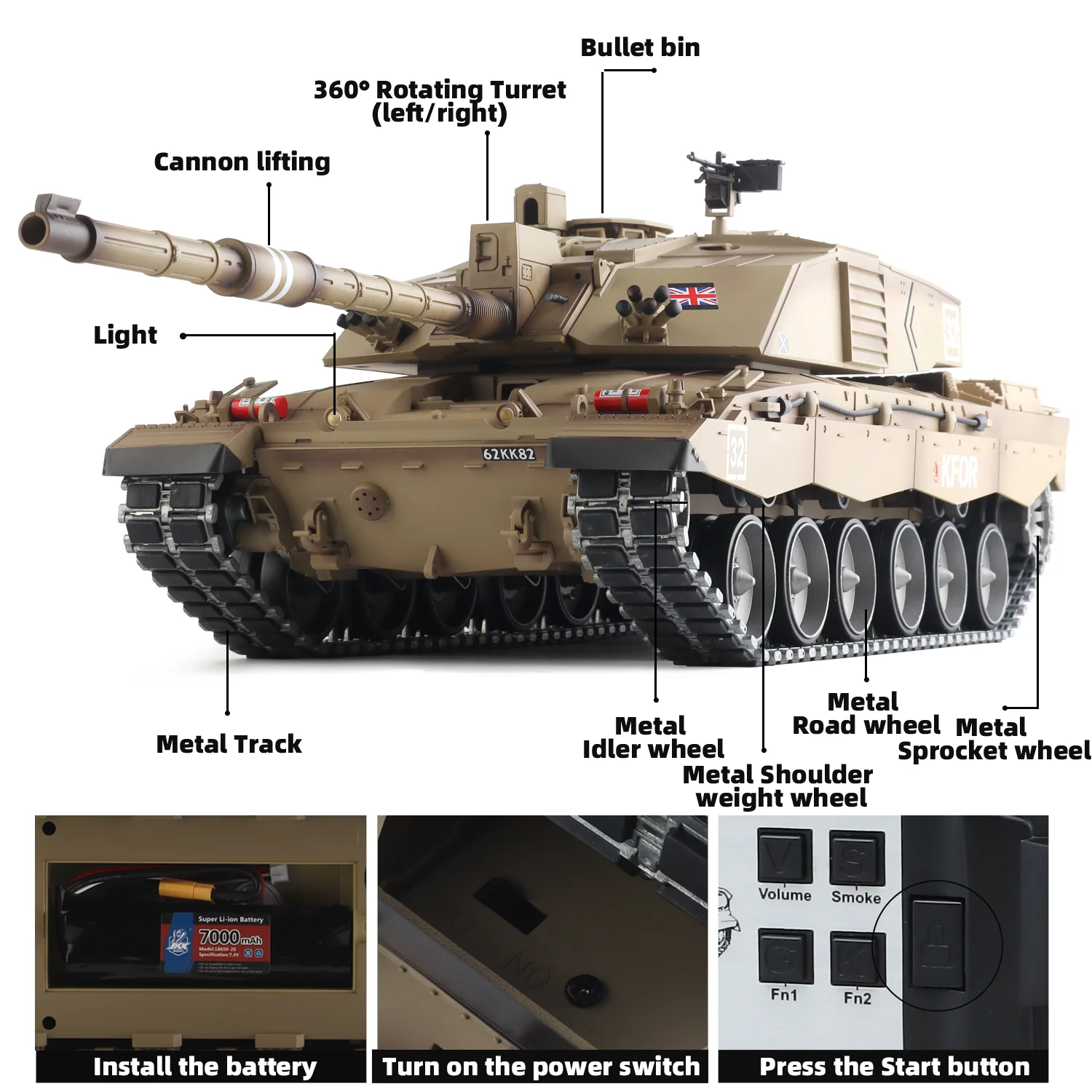 Czołg Heng Long rc 1/16 British Challenger2 Model czołgu (metalowa gąsienica powlekana gumą) - metalowe koło drogowe i kanał pistoletowy) 360 ° Obróć wieżyczkę