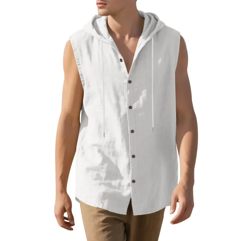 Summer Men's Casual Sleeveless Vest Shirt Hooded Solid Color Breathable Loose Vest