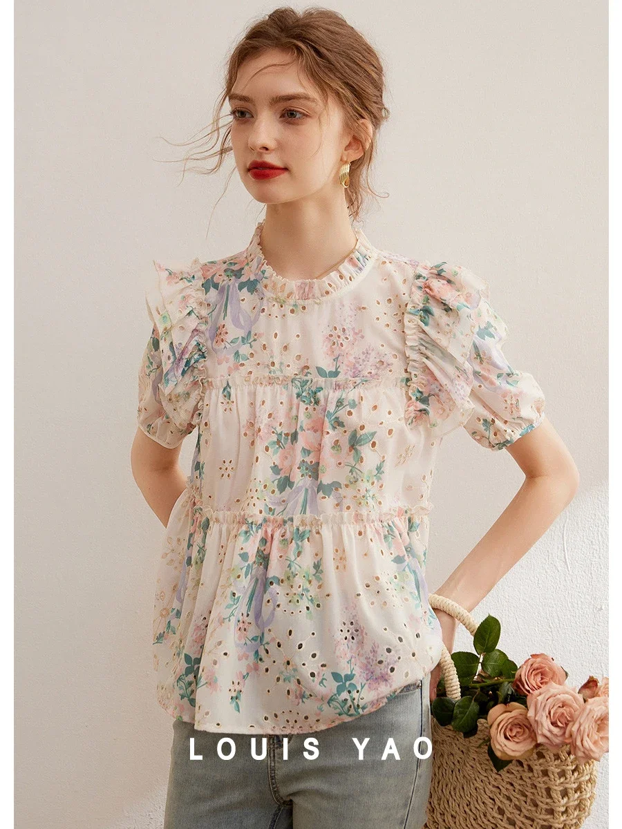 

LOUIS YAO Women Embroidery Hollow Out Shirt 2024 Summer Blouses Stand Colloar Short Sleeve Elegant Pullover Top