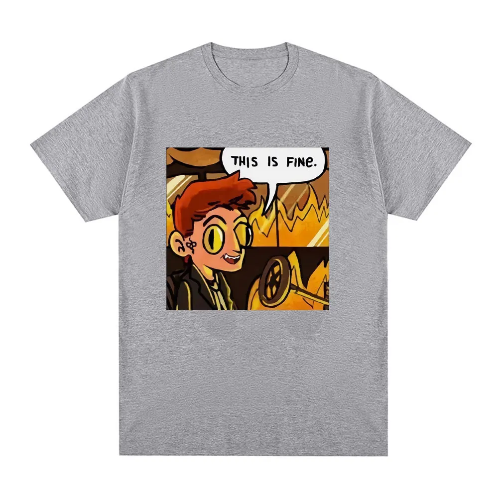 Good Omens This Is Fine Crowley Graphic T Shirt Men Fashion Vintage T Shirts Summer 100% Cotton Casual Cozy T-shirts Streetwears