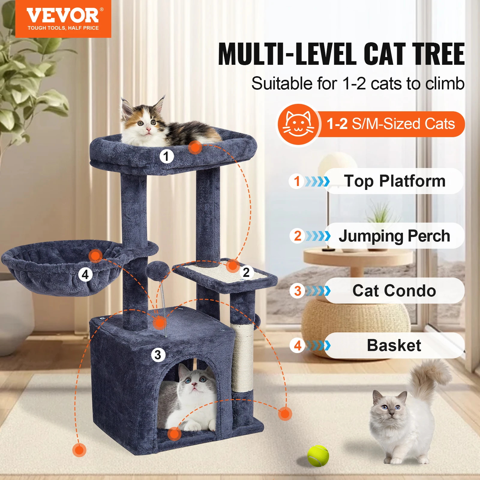 VEVOR Cat Tree Fourth Floor Standing Cat Tower with Scratch Post Hammock Large Cat House with Hanging Ball Cat Activity Center