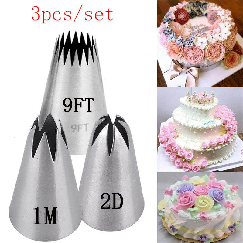 Boquillas para glaseado de pastel de crema DIY, puntas de pastelería, flor Rosa 2D, herramientas de decoración de pasteles de estrella de apertura, 3 piezas, 1M, 9 pies
