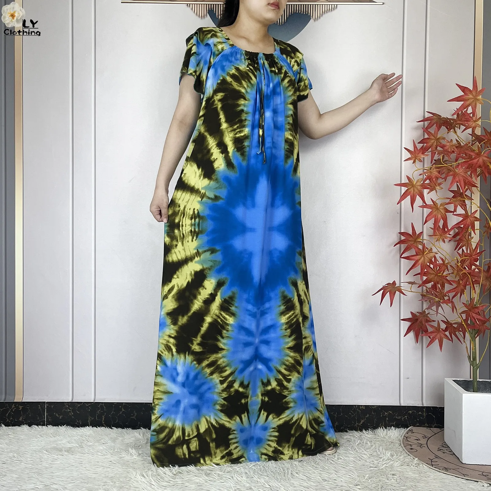 Abaje muzułmańskie z bawełny z krótkim rękawem i dekoltem w łódkę dla kobiet, Dashiki Dubai Kaftan Femme, luźna szata, afrykańskie sukienki islamskie z szalem, 2025