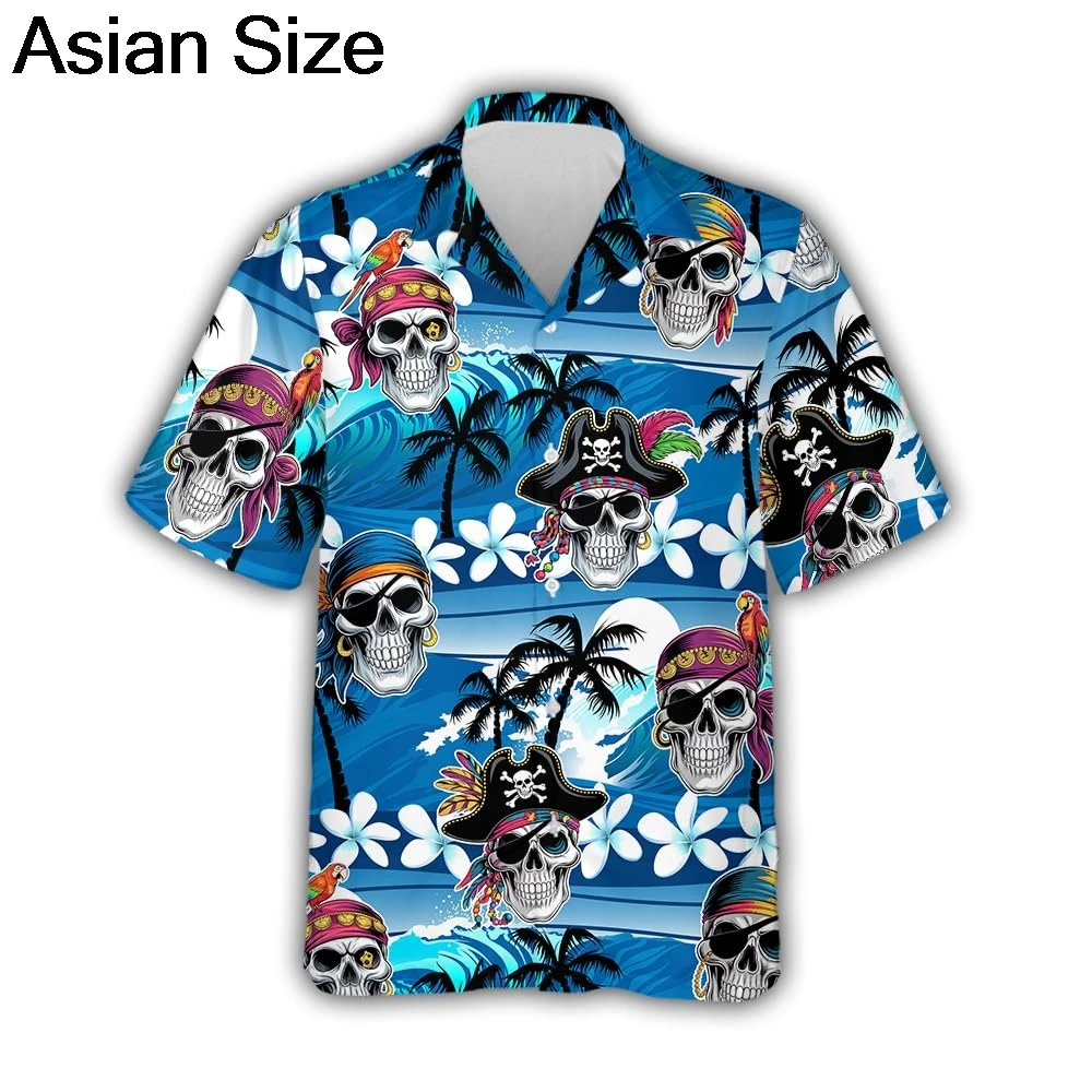 

2025 Horror Skull Pirate Graphic Shirts For Men Clothes Harajuku Fashion Cosplay Short Sleeve Goth Hawaii Sailor Parrot Blouses