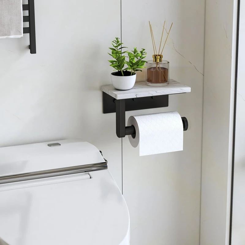 Marble Toilet Paper Holder With Shelf Toilet Paper Roll Holder Wall Mount For Bathroom Cabinet Decorative, Black Easy To Use