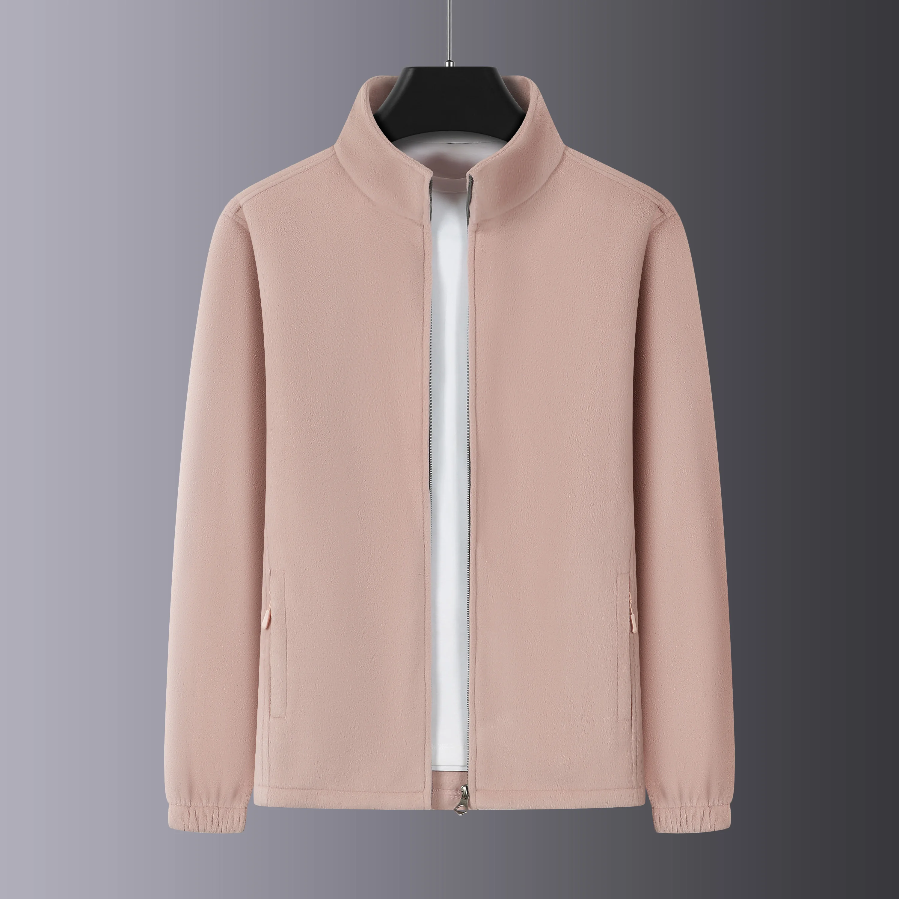 

High-quality, fashionable, cool, versatile and trendy solid color stand-up collar fleece zipper shirt (with zipper pockets)