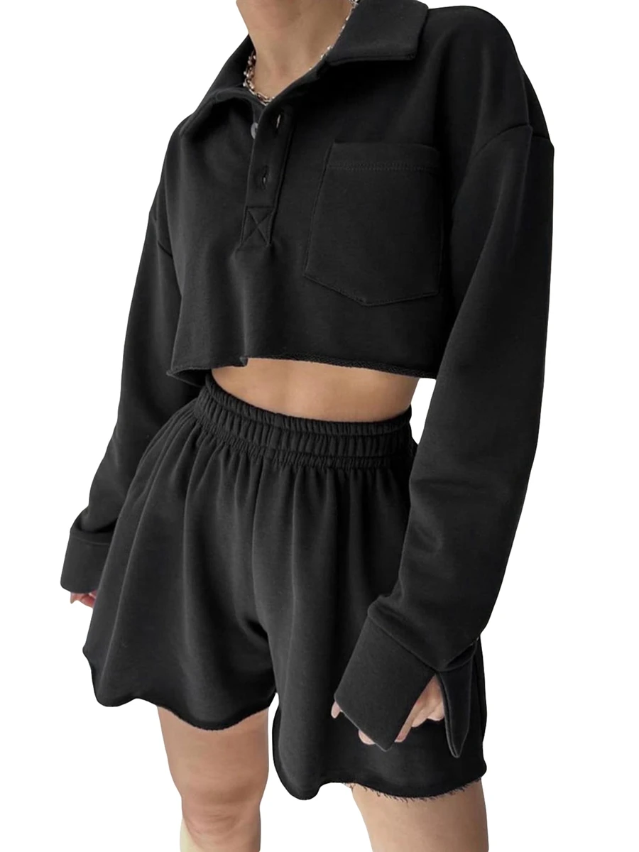 Women s 2 Piece Outfits Long Sleeve Turn-down Collar Button Down Crop Top Elastic Waist Shorts Set Casual Sweatsuit Sets