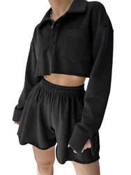 Women s 2 Piece Outfits Long Sleeve Turn-down Collar Button Down Crop Top Elastic Waist Shorts Set Casual Sweatsuit Sets