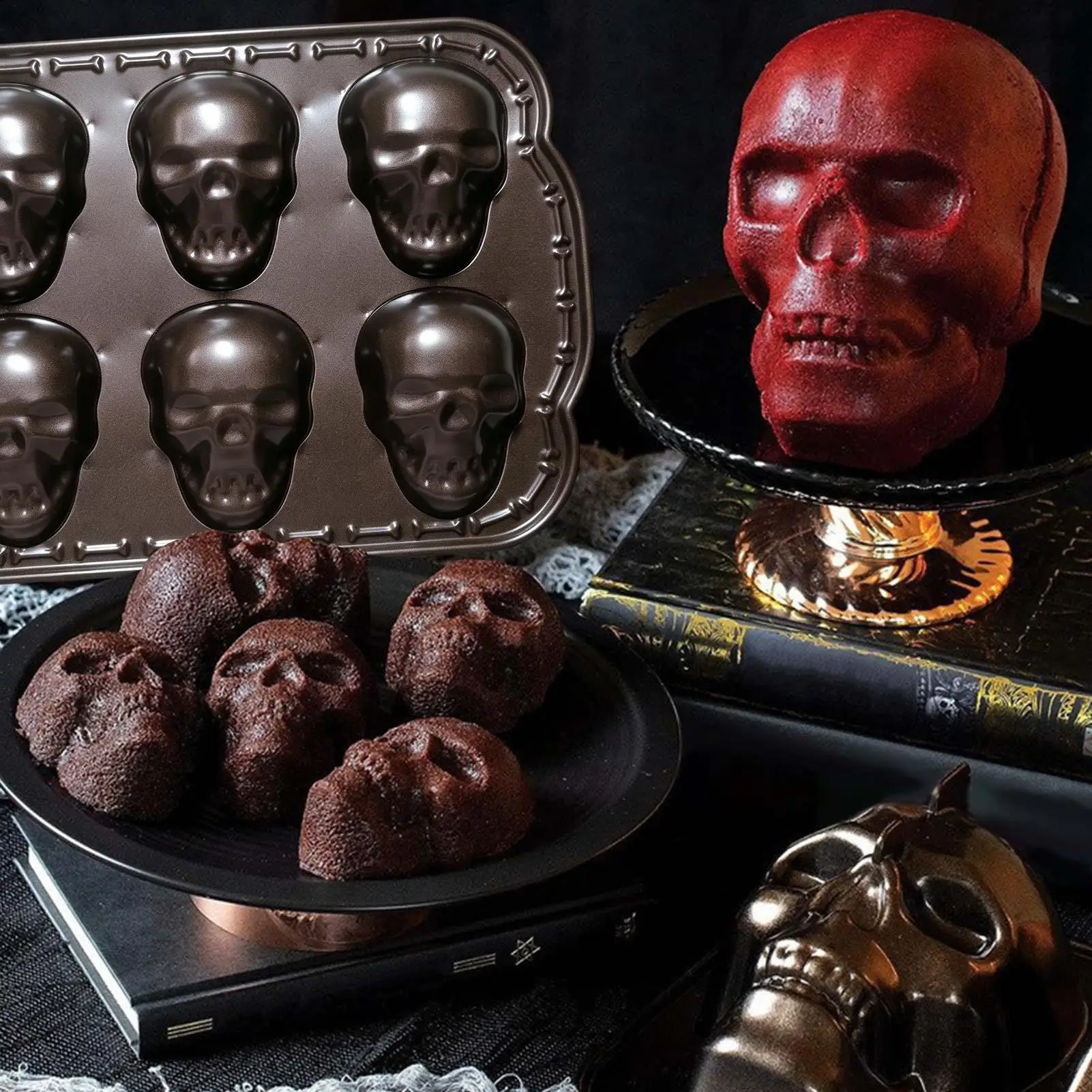 6 Cavity Halloween Skull Cake Mold Skull Baking Pan Heat-Resistant Aluminum Alloy 3D Cookie Bakeware Skeleton Mold