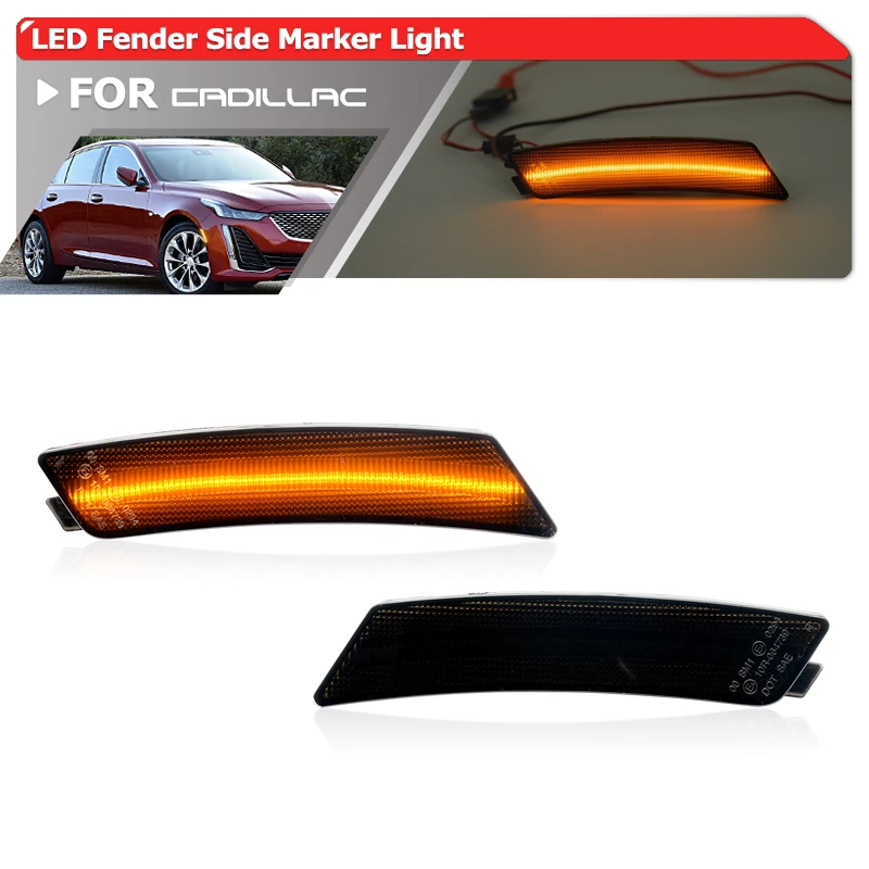 

2x Smoked Upgraded LED Fender Side Marker Light Replacement For 2020+ Cadillac CT5 CT5-V Auto Parking Signal Reflector Lamps