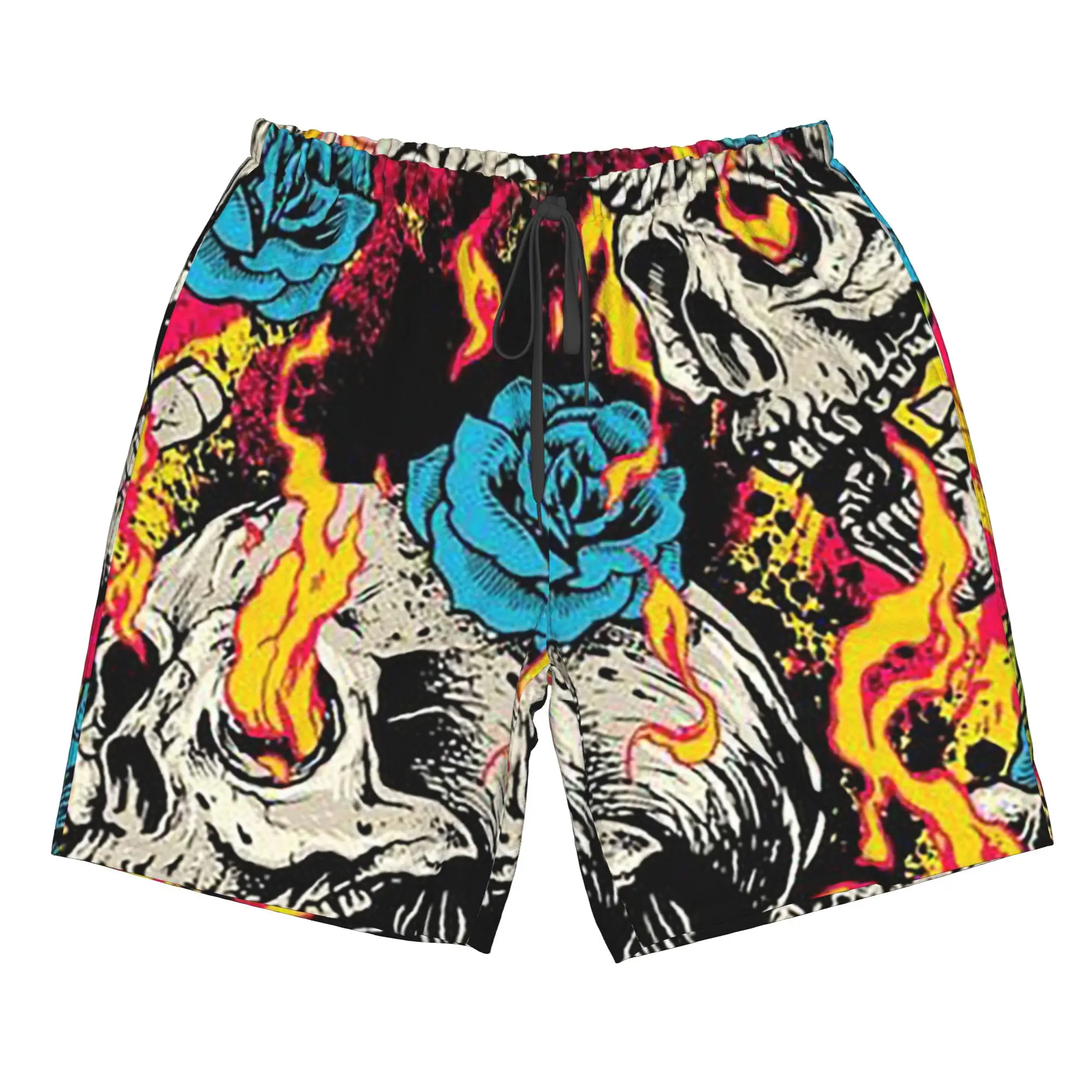 Skull And Rose in Fire Design Trunks Beach Board Shorts Casual Quick Dry Swimming Summer Men Pants