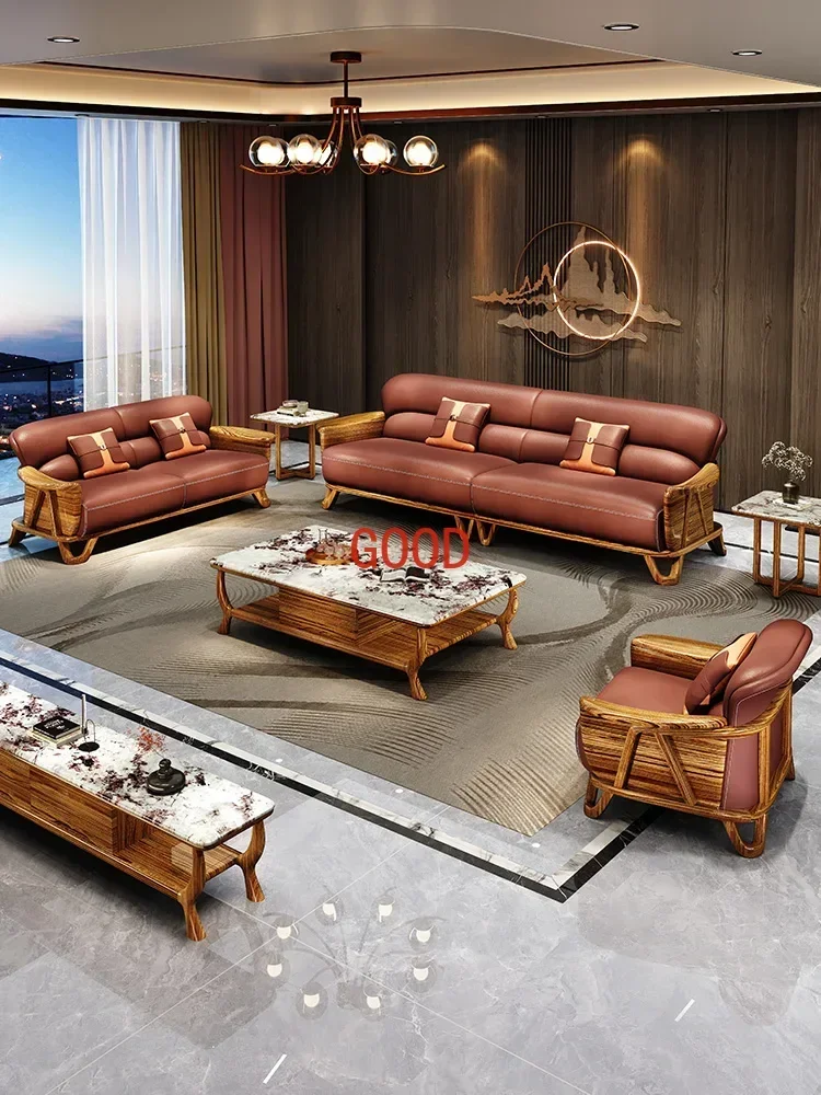 

New Chinese Style Ugyen Wood Leather Sofa Large and Small Apartment Type Combination Nordic Solid Wood Furniture