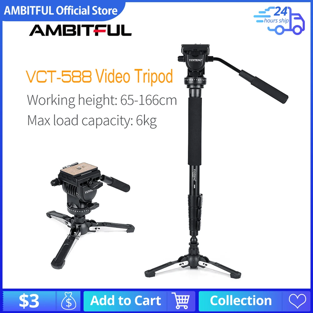 

YUNTENG VCT-588 Tripod Monopod Extendable Telescoping with Detachable Tripod Stand Base Fluid Drag Head for Camera Camcorder