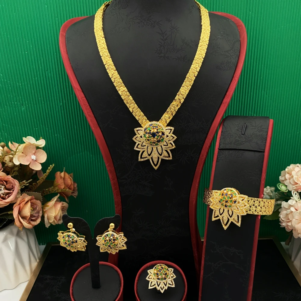 JRH Gold-Plated Copper Zircon Women Jewelry Set Light Luxury Bracelet Ring Necklace Earrings Accessory for Party