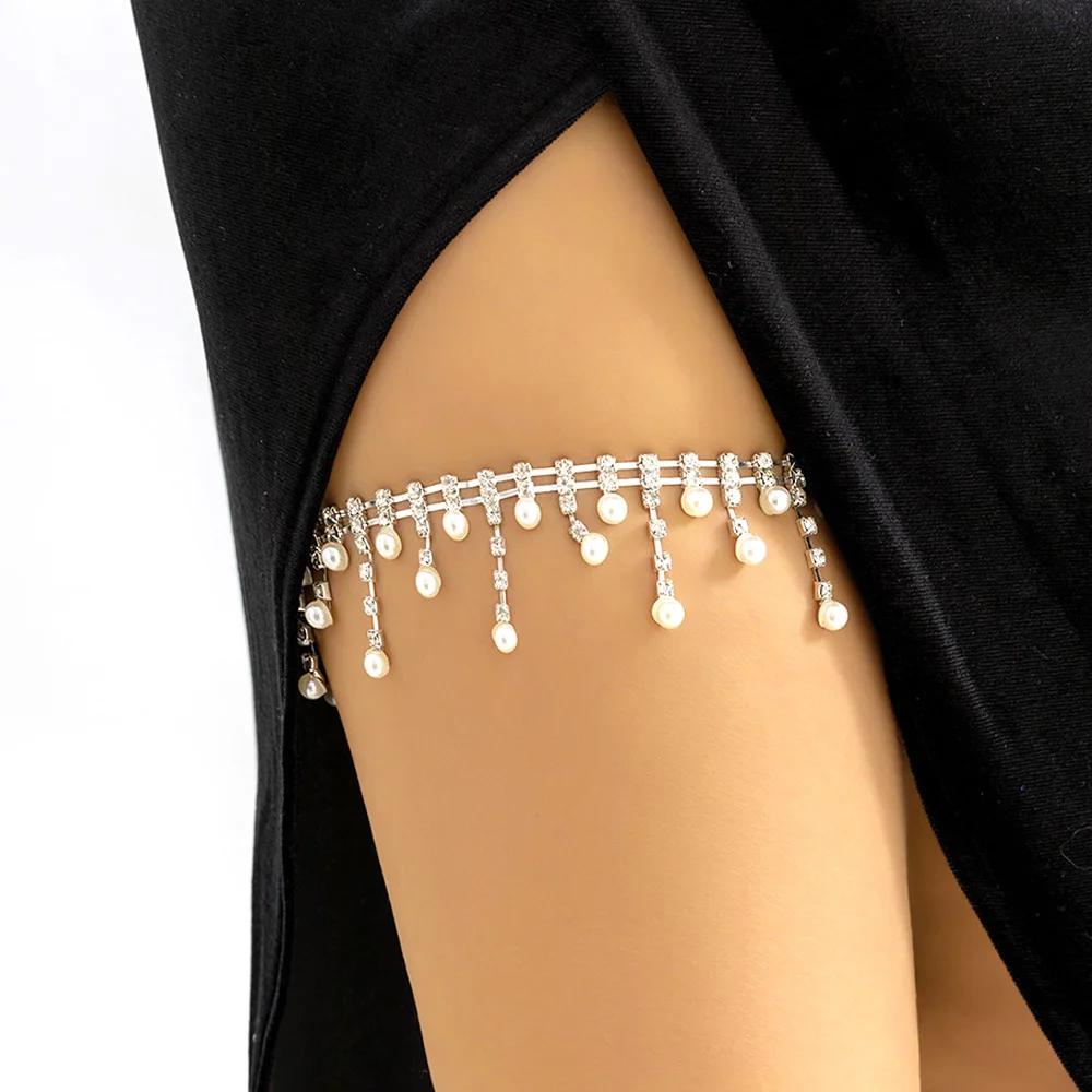 Fashion Sexy Adjustable Elastic Leg Chain Body Jewelry Metal Pearl Tassel Thigh Chain for Women Gift Party Club