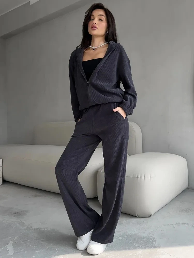 

Модный повседневный комплект из худи и брюк свободного кроя с длинным рукавом, на молнии, из полиэстера, двухсоставный костюм для женщин, лето 2025