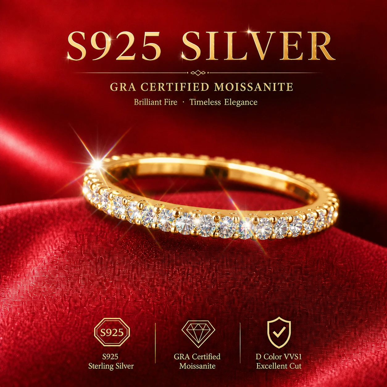 Mit GRA-Zertifikat S925 Sterling Silber 3,0mm Vollmoissanit-Ring D VVS1 3EX Schliff Funkelnder Moissanit-Band Hochzeits- und Partygeschenk – Detail 6