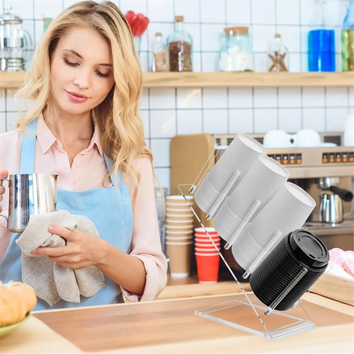 A67T NEW Acrylic Cup and Lid Holder, Adjustable Coffee Cup Holder Organizer Disposable Cup Dispenser Stand Countertop for Coffee