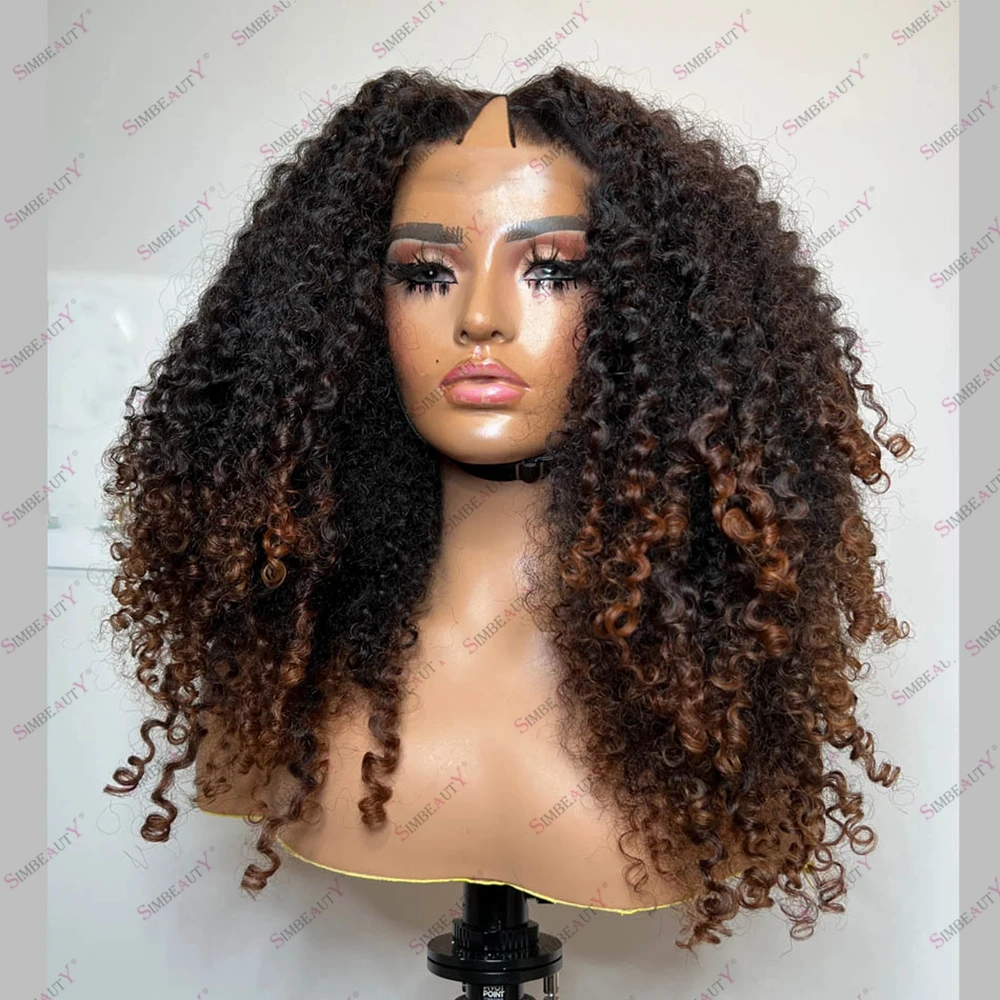

Afro Ombre 1B/30 Kinky Curly 100% Human Hair V Part Wig for Black Women with Clips Adjustable Cap Black Roots Remy Malaysia Hair